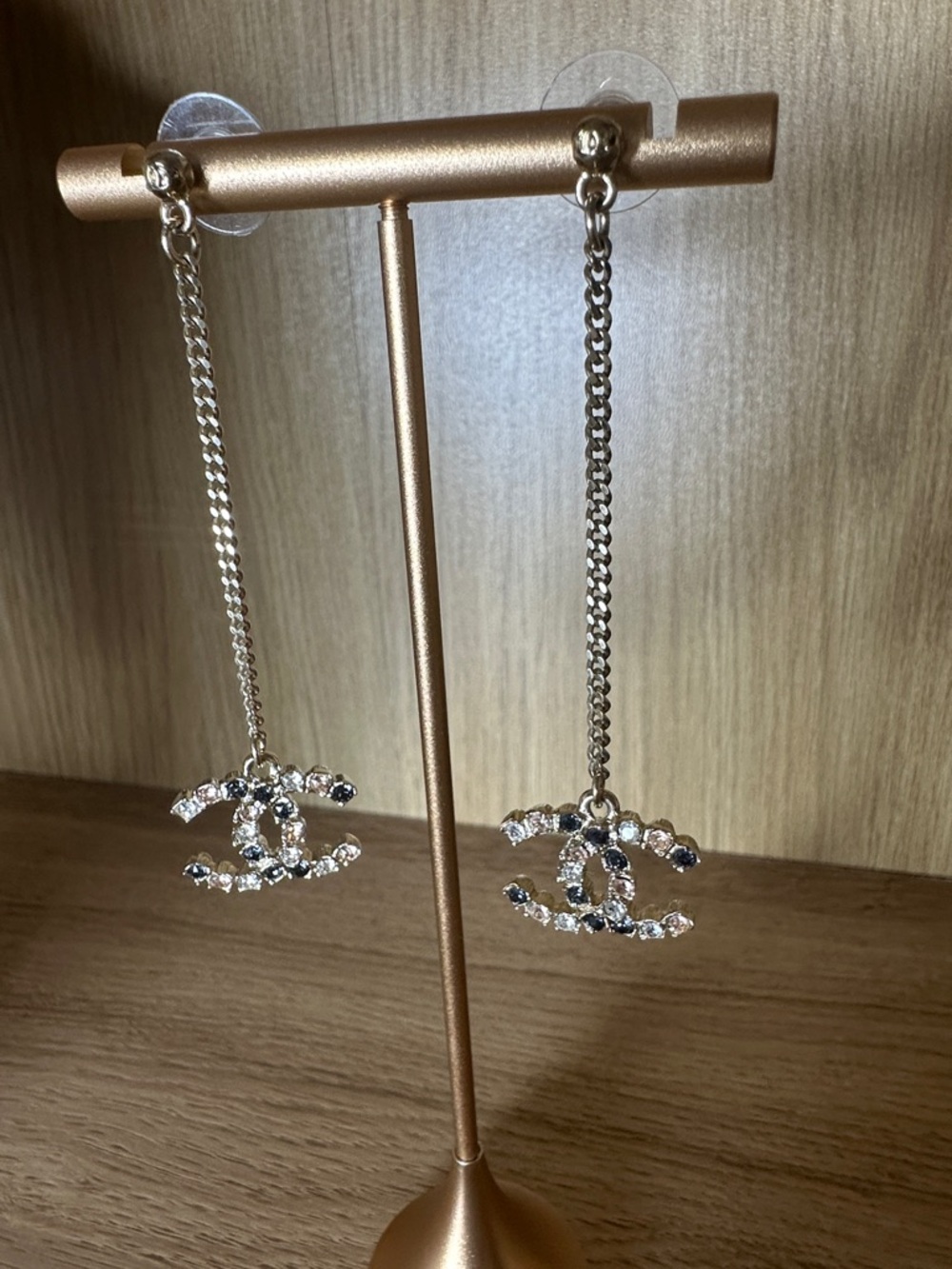 CHANEL Silver Crystal CC Drop Chain Earrings